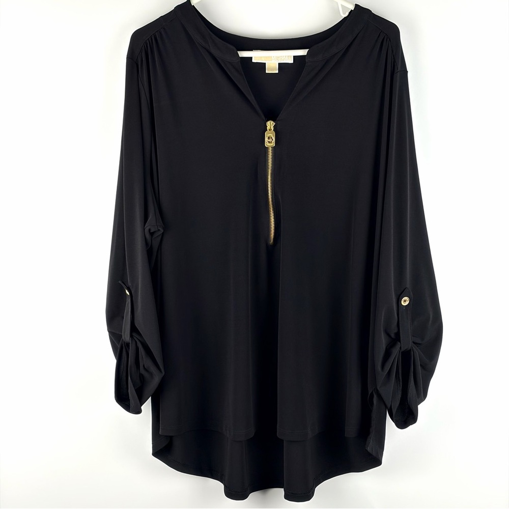 Michael Kors Black Zip Front Blouse Gold Hardware Roll Tab Sleeve 2X - Picture 4 of 12